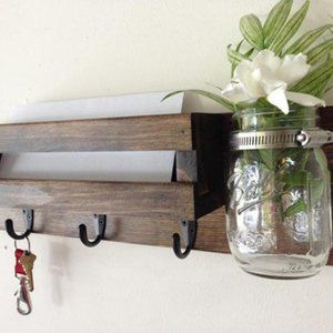 Rustic Dark Brown Wood Mail Organizer & Mason Jar Key Hooks Shelf Letter Holder